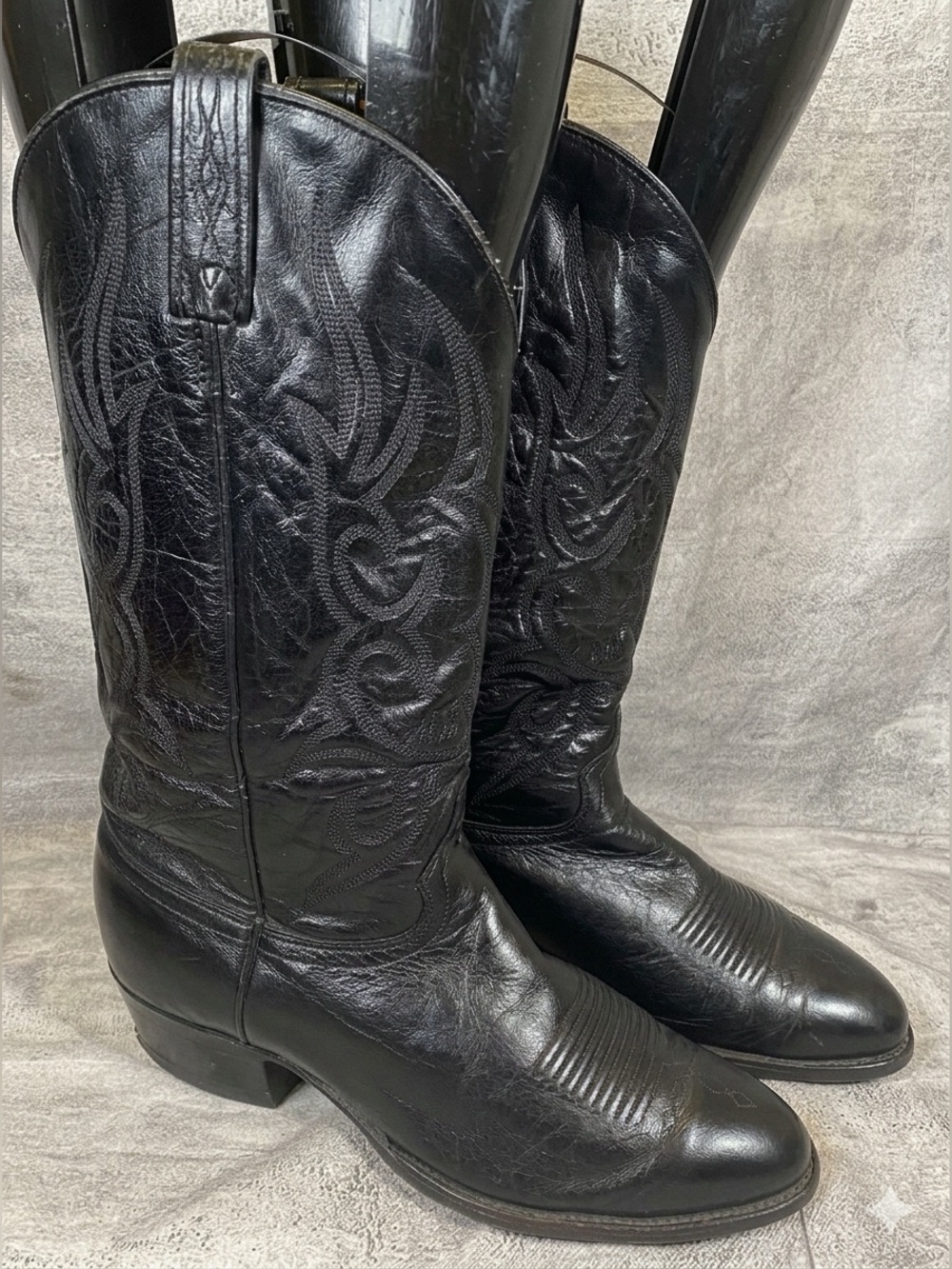 Vintage J Chisholm Handmade Black Western Leather Cowboy Boots Round Toe USA 9.5